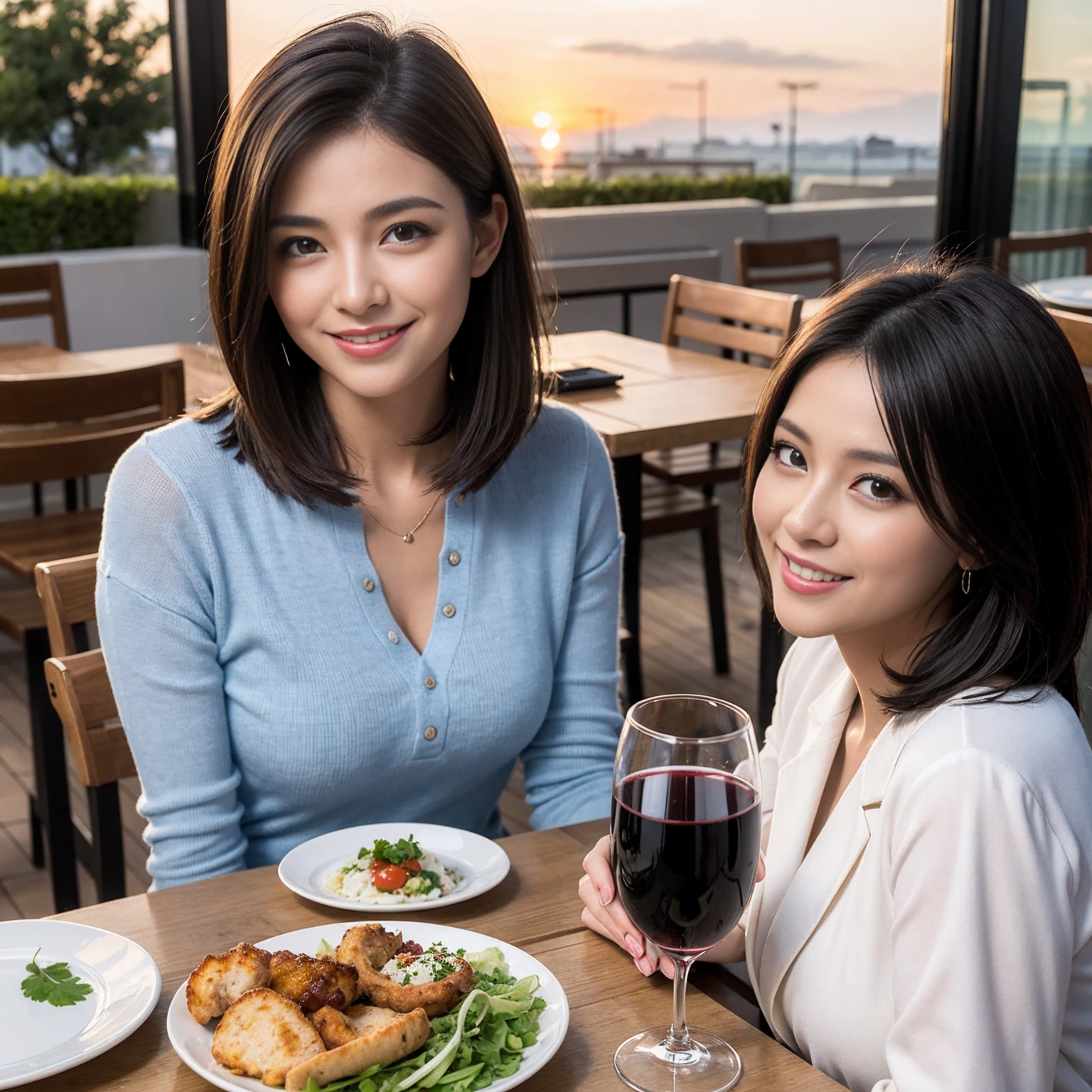((Highest quality、8K、masterpiece:1.3))、slimカップル、modelカップル、(Realistic, Intricate details:1.2), full-course dinner、Wine Party、Amazing view of the sunset sky and clouds、A bright smile、The wonderfulness of smile、Bright image、The beauty of wine, Beautiful Face, blue eyes, The light shines on your face, Blushing, short hair,Bright Face、 (Age 37), 39 years old, red wine 、Appetizers、Italian food、Wine bottle、Champagne、sparkling wine、Two beauties、Brown Hair、Shortcuts、Long sleeve shirt、dress、Beautiful woman 1, (slimな顔), (The body is slim), (Brown Hair), (Shortcuts), cheeks turn a little red,Attractive beauty、restaurant, In a prominent place (From the waist up) Nova Frog Style, actress, model, Upper Body, White wine, slim, wine glass, 中央に置かれたwine glass, smile, (smile: 1.15), Beautiful fine grain, Depth f/2,saturation, High Contrast, Strong light and shadow,Moist Body:1.5、3D texture、Delicate eyes、Brown Hair、The hair is very shiny、