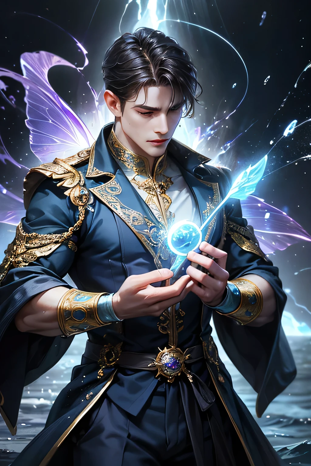 "Create an ultra-realistic image of a handsome, male fairy, around 43 years old. He should be holding a magical staff that emanates the energy of the water. Dress him in an elegant, varied violet outfit that reflects the brilliance and dynamism of the water. Surround him with elements like swirling clouds and flashes of lightning to showcase his connection to these elements. Include a distinct water symbol or design on his body, signifying his role as the keeper of the deep water, and highlighting the powerful celestial energy he embodies within him."