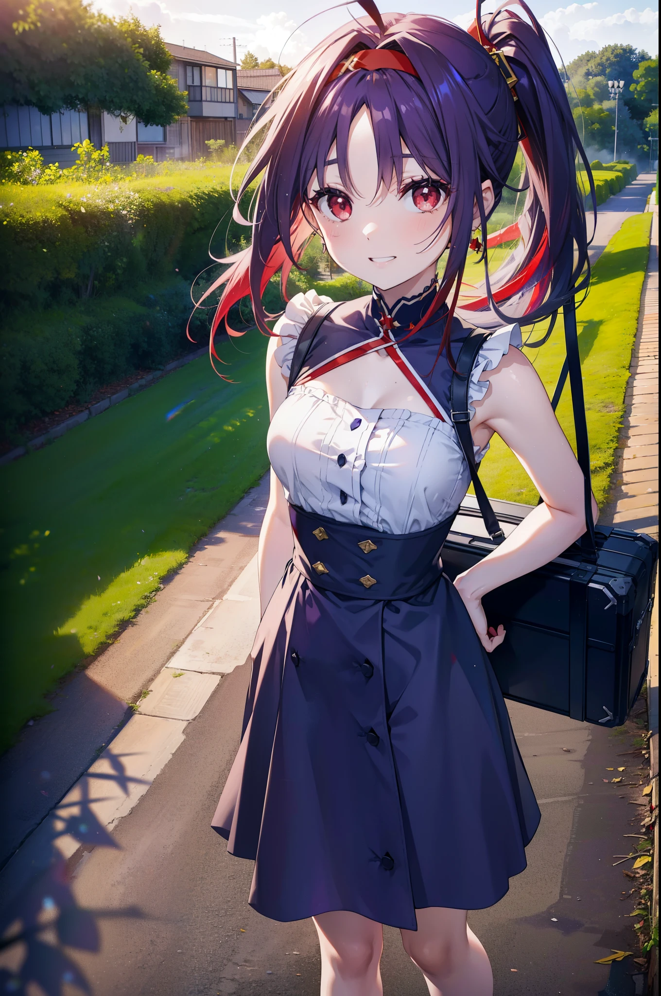 yuukikonno, Konno Yuuki, hair band, Long Hair, Pointed Ears, Purple Hair, (Red eyes:1.5), (Small breasts:1.2),Side Ponytail,smile,Grin,Purple sleeveless dress、Cute Sandals,Put your right hand on your hip,Push-type suitcase,Are standing,Daytime,whole bodyがイラストに入るように, 　　　　　break looking at viewer, whole body,  　　　　　　　　　　　　　　　　　　　break outdoors,countryside, Residential Street,In town,　　　　　　　　　　　　break (masterpiece:1.2), Highest quality, High resolution, unity 8k wallpaper, (figure:0.8), (Detailed and beautiful eyes:1.6), Highly detailed face, Perfect lighting, Extremely detailed CG, (Perfect hands, Perfect Anatomy),チックなmorning日,morning,Extreme light，　　　　　　　　　　