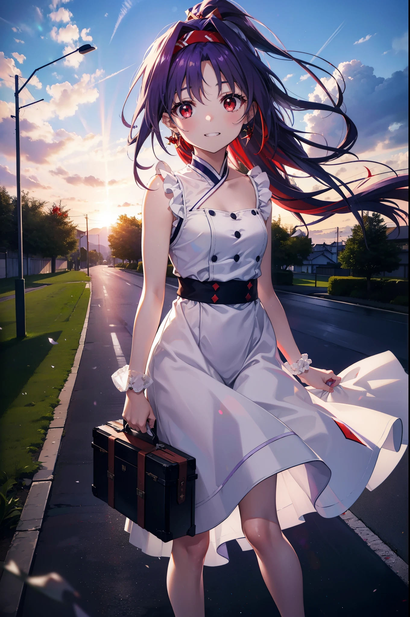 yuukikonno, Konno Yuuki, hair band, Long Hair, Pointed Ears, Purple Hair, (Red eyes:1.5), (Small breasts:1.2),Side Ponytail,smile,Grin,Purple sleeveless dress、Cute Sandals,Put your right hand on your hip,Push-type suitcase,Are standing,Daytime,whole bodyがイラストに入るように, break looking at viewer, whole body, break outdoors,countryside, Residential Street,In town, break (masterpiece:1.2), Highest quality, High resolution, unity 8k wallpaper, (figure:0.8), (Detailed and beautiful eyes:1.6), Highly detailed face, Perfect lighting, Extremely detailed CG, (Perfect hands, Perfect Anatomy),チックなmorning日,morning,Extreme light,