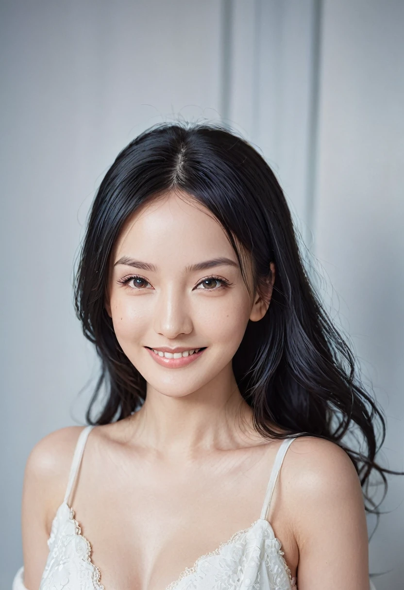 Medium format HD photo, (Stunning gorgeous eurasian female:1.3), Symmetrical composition, Striking features, Luminous skin, (Flowing black hair:1.2), Radiant smile, Captivating gaze, Elegant posture, (Soft natural light:1.3), Captured with a Phase One XF IQ3 100MP, 80mm f/2.8 lens, Clear details, Ethereal beauty, Timeless allure.