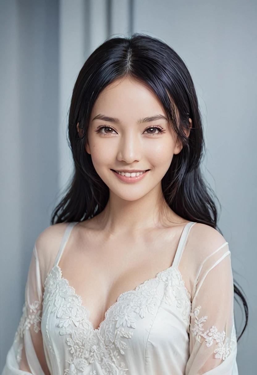 Medium format HD photo, (Stunning gorgeous eurasian female:1.3), Symmetrical composition, Striking features, Luminous skin, (Flowing black hair:1.2), Radiant smile, Captivating gaze, Elegant posture, (Soft natural light:1.3), Captured with a Phase One XF IQ3 100MP, 80mm f/2.8 lens, Clear details, Ethereal beauty, Timeless allure.