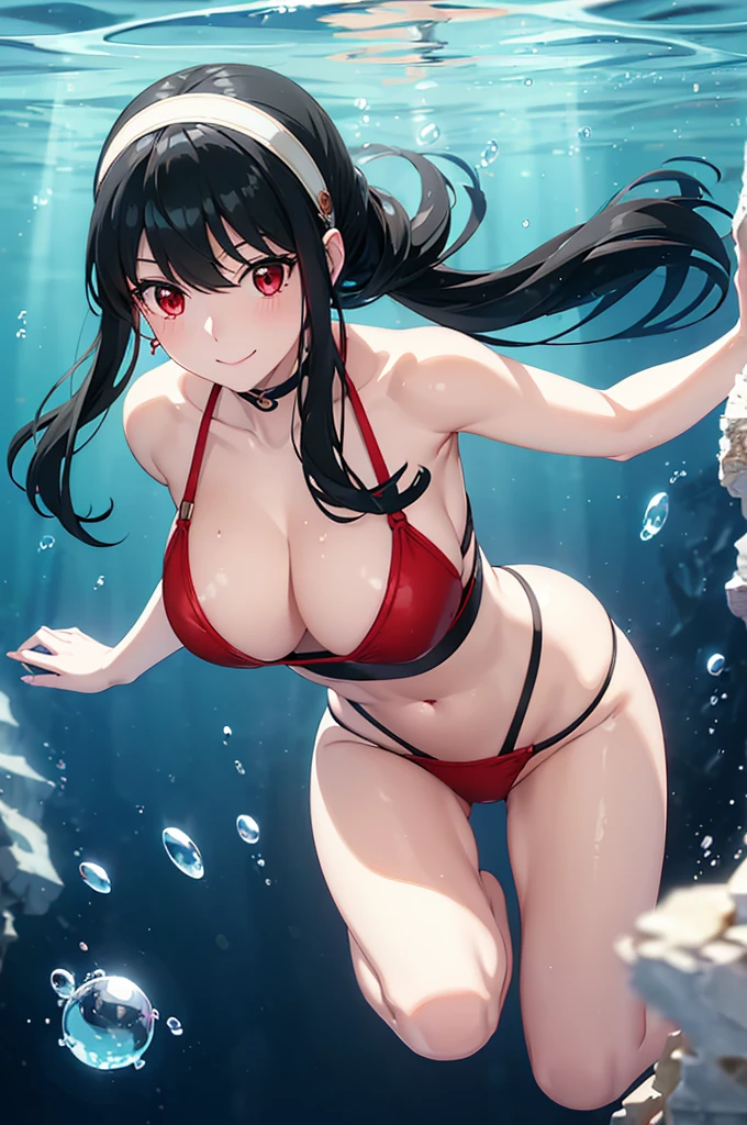 ((best quality)), (ultra-detailed), ((extremely detailed)), (beautiful), ((kawaii girl)), (black:1.3) hair, red (colored inner hair:1.2), long hair, straight hair, swept bangs, asymmetrical bangs, hair intakes, ahoge, kind smile, red eyes, medium large breasts, BREAK, 比基尼, beautiful scenery, underwater, water drop, dynamic lighting, light particle, sunlight, shadow, (air bubble:1.2), reflection, extremely detailed CG unity 8k wallpaper,White hair band、Red eyes、Black Hair、Yor Briar、smile、Bubble、Floating、るBubble、dive、One girl、Swimwear、undersea、diving、Water flow