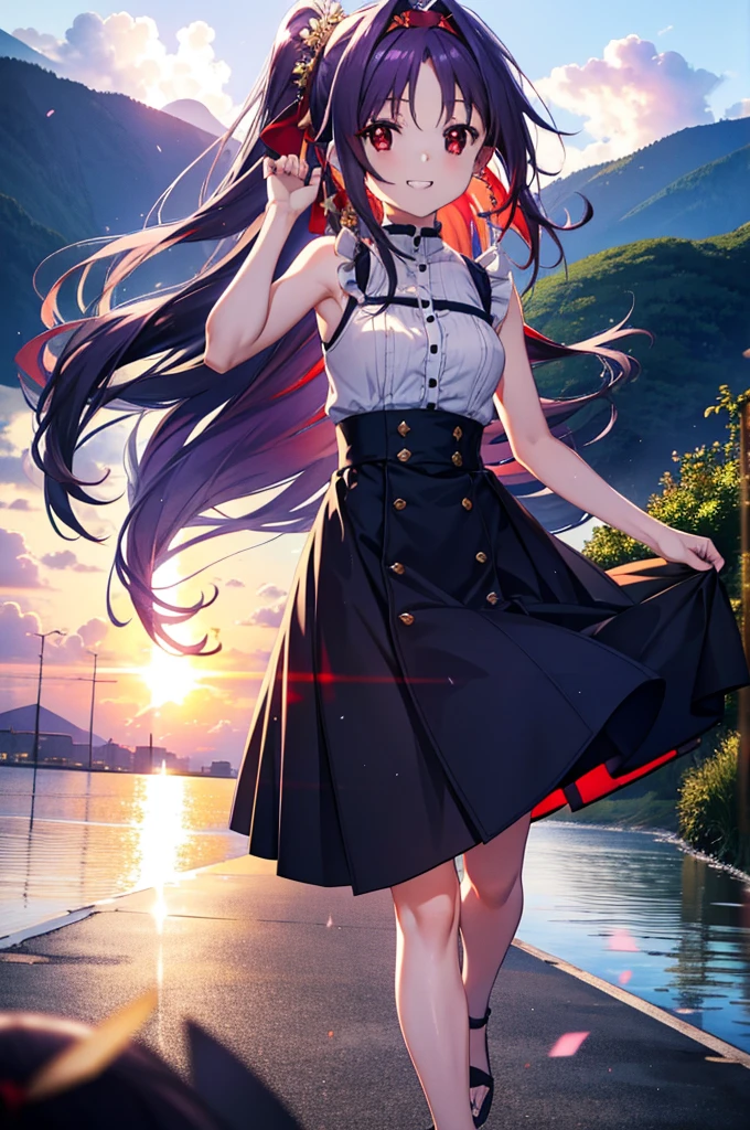 yuukikonno, Konno Yuuki, hair band, Long Hair, Pointed Ears, Purple Hair, (Red eyes:1.5), (Small breasts:1.2),Side Ponytail,smile,Grin,Purple sleeveless dress、Cute Sandals,Put your right hand on your hip,Push-type suitcase,Are standing,Daytime,whole bodyがイラストに入るように, break looking at viewer, whole body, break outdoors,countryside, Residential Street,In town, break (masterpiece:1.2), Highest quality, High resolution, unity 8k wallpaper, (figure:0.8), (Detailed and beautiful eyes:1.6), Highly detailed face, Perfect lighting, Extremely detailed CG, (Perfect hands, Perfect Anatomy),チックなmorning日,morning,Extreme light,