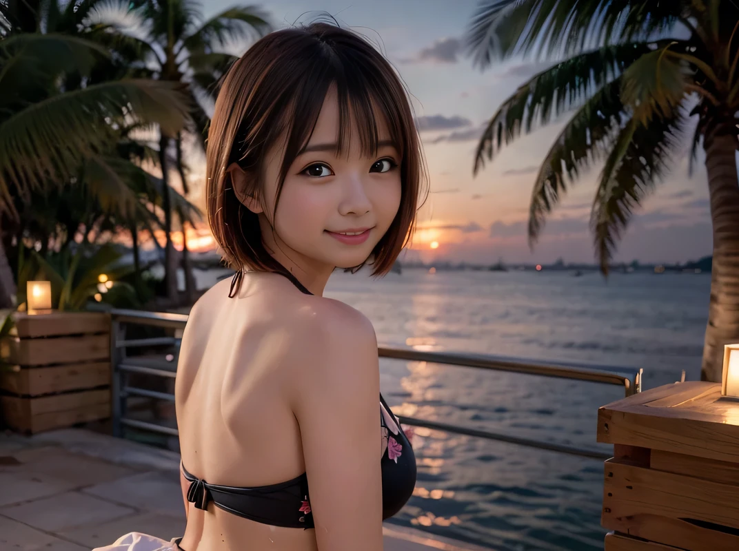 Sea view, Blake Background Only Rock Formation:1.6, Break Foreground only Sandy beach :1.6, evening, sunset, Ocean Waves, Water reflection, Anatomically completely correct:1.6, ((1 Japanese girl)),(( Very short bob cut:3,0)), blush, Shyly, 17 years old, Open the mouse a little, Showing off Slightly Swelled Lower Buttocks from ブーティーショーツ:1.2, Moderate ASS, (Floral Bikini), Beautiful ass, Brown Hair, Wet Hair, Hilarious:1.0, smile:1.0, Ecstasy:1.0, Dynamic Angle,, whole body, SFW:1.2, break , RAW Photos, Highest quality, masterpiece, Realistic, PhotoRealistic, Highly detailed 8k wallpaper, Beautiful and detailed eyes, Detailed painted face, High key lighting, Professional Lighting, Cinema Lighting, Side Lighting, Bokeh、((One person))、Palm tree、smile、