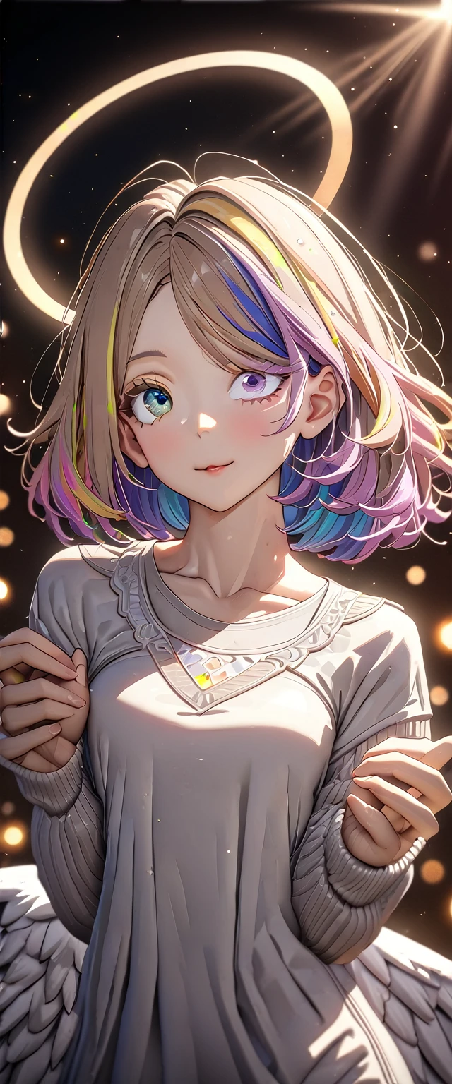 ((angel, big big white wings:1.3, halo:1.3)), spread arms, (((cowboy shot))), ((flying)), archangel Uriel, ((wavy hair, outward curled hair)), evening, Sunset, ((blond hair, bob cut:1.3)), breasts, teenager, (looking at viewer), oversized clothes, puffy long sleeves, collarbone, ((off-shoulder sweater dress:1.3, Quite thick shoulder straps)), (((sleeves past wrists:1.3))), ((white sweater)), collarbone, head tilt:1.3, (((blue eyes))), ((happy smile)), (((anime style))), (best quality, 4K, 8K, highres, masterpiece:1.2, ultra-detailed, ultra-detailed eyes, HDR, uhd, studio lighting, ultra-fine painting, sharp focus, physically-based rendering, extreme detail description, professional, vivid colors, bokeh), ((Highest quality, Best image quality, Ultra-high resolution, Ultra-high resolution, solo, Strong eye highlights)), Depth of written boundary, Natural soft light, attractive, Beautiful Face, Cleanliness, Pure Face, medium chest, Beautiful Face, Perfect Fingers, Perfect hands, Perfect body, Perfect Face, Shine a light into your eyes, Perfect Anatomy