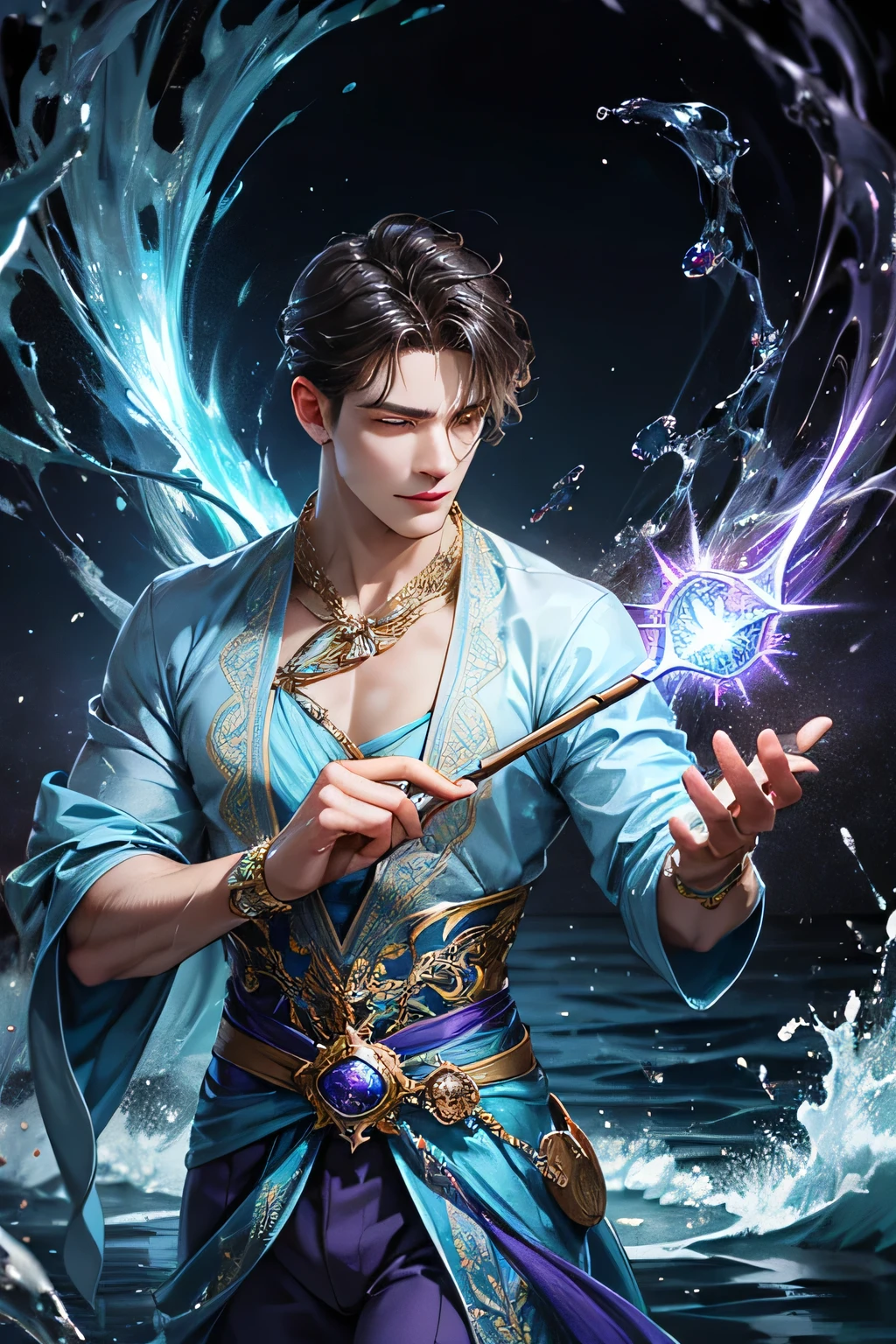 "Create an ultra-realistic image of a handsome, male fairy, around 43 years old. He should be holding a magical staff that emanates the energy of the water. Dress him in an elegant, varied violet outfit that reflects the brilliance and dynamism of the water. Surround him with elements like swirling clouds and flashes of lightning to showcase his connection to these elements. Include a distinct water symbol or design on his body, signifying his role as the keeper of the deep water, and highlighting the powerful celestial energy he embodies within him."
