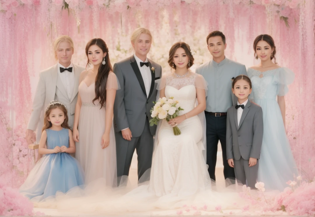 Grandmother sitting in a chair , granddaughter in a beautiful ball gown with beautiful blond hair , there are flowers around 