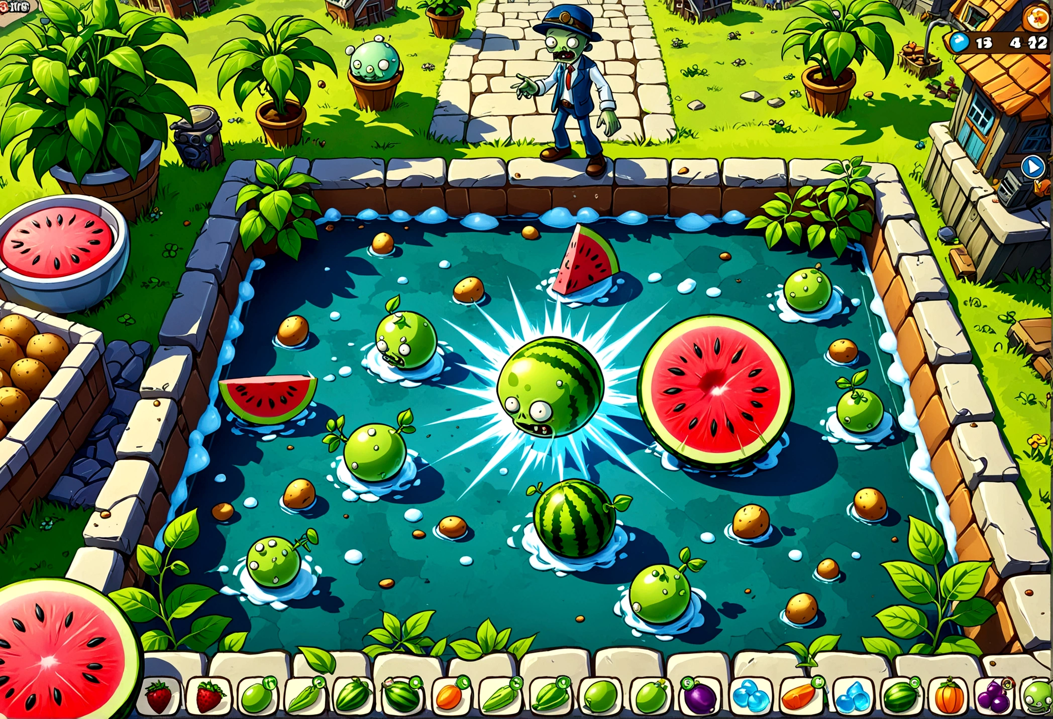 A screen shot showing a gaming video on the popular video-sharing platform，The game being played is a vivid fictional action-adventure game Plants vs. Zombies，The setting is a detailed fantasy world filled with all kinds of weird plants and zombies，Frost Pea Shooter，Watermelon Shooter，Potato mine explosion，Exaggerated art illustration