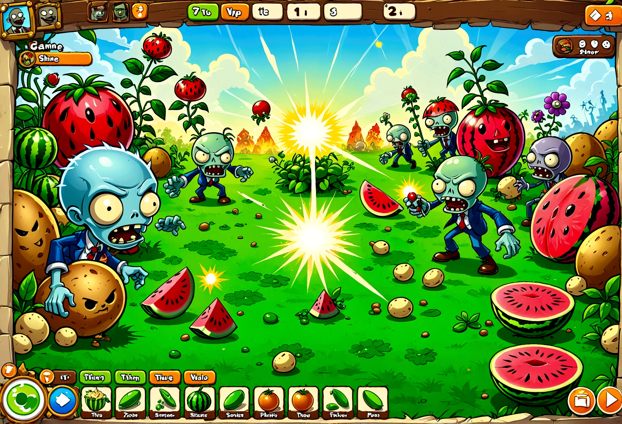 A screen shot showing a gaming video on the popular video-sharing platform，The game being played is a vivid fictional action-adventure game Plants vs. Zombies，The setting is a detailed fantasy world filled with all kinds of weird plants and zombies，Frost Pea Shooter，Watermelon Shooter，Potato mine explosion，Exaggerated art illustration