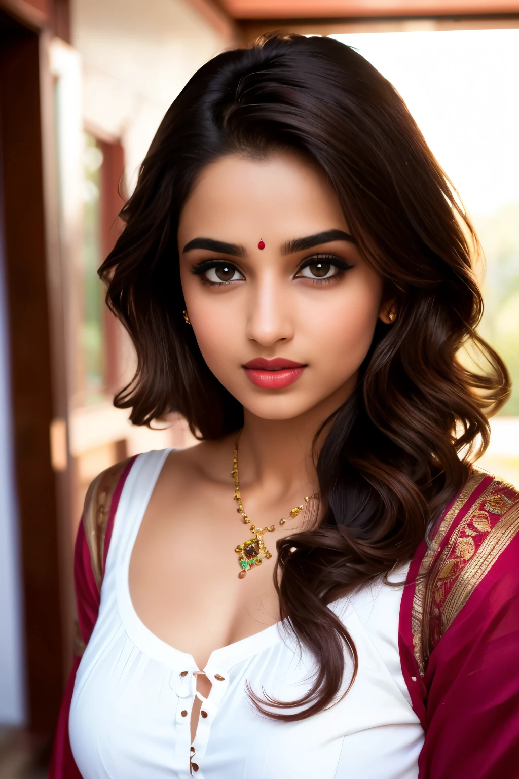((beautiful)+(attractive:0.9)+(sensual:0.8)) white indian women ((nerd:0.8)+(lovely)+(clean skin)) with hazel eyes and red lips. Medium brown hair, ((intense eyes))