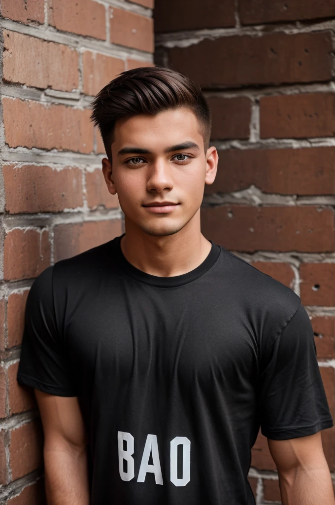 there is a man standing in front of a brick wall, with accurate face, taken with sony alpha 9, without beard, around 1 9 years old, taken with canon 8 0 d, he is wearing a black t-shirt, without helmet, very very low quality picture, candid picture, taken with canon 5d mk4, shot on nikon z9