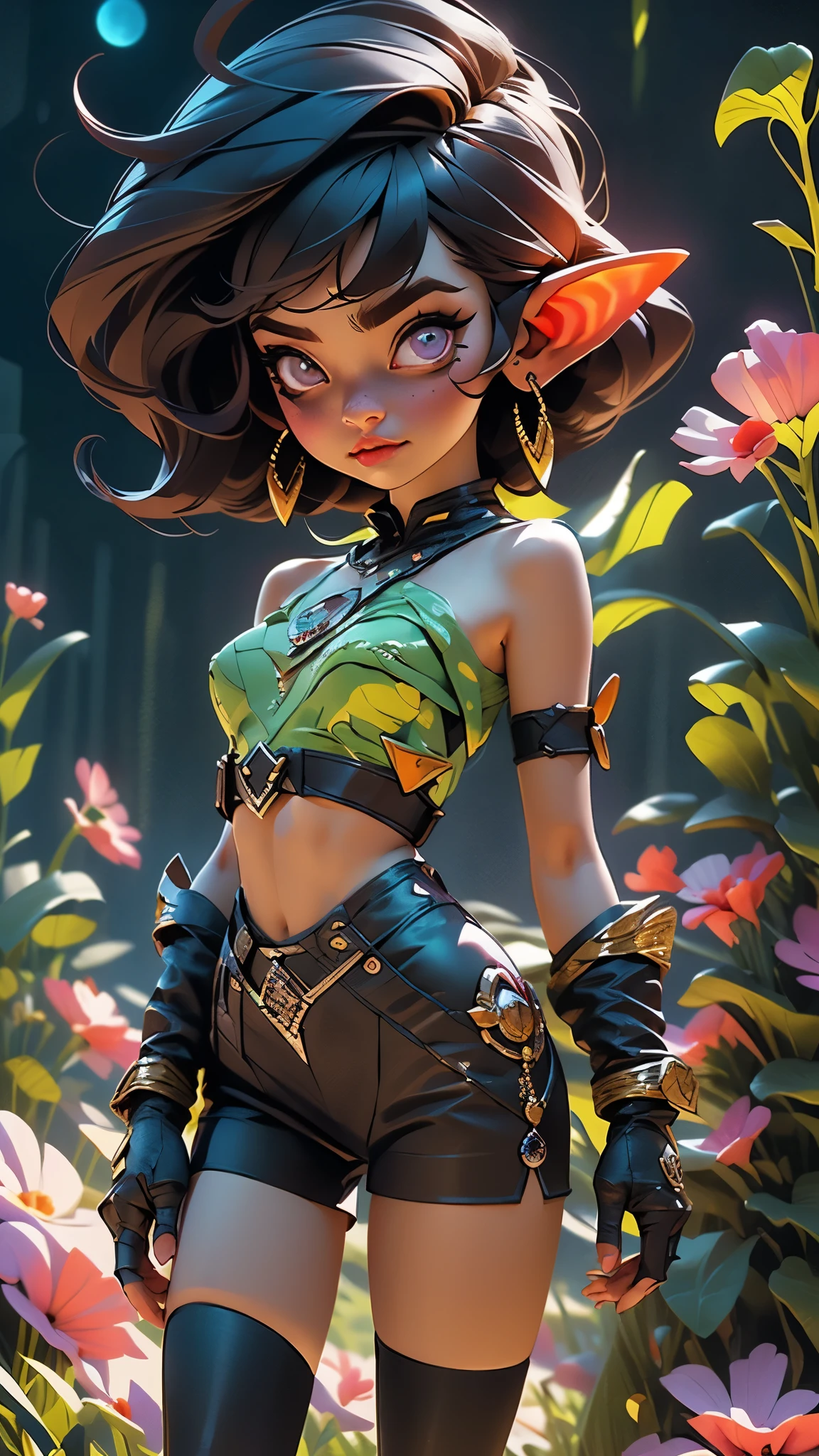 cel shading, outlines, vector art, ((goblin girl)), flat colors, cel shading, outlines, vector art, night time, night sky, short height, 1girl, solo, full body image, very short goblin mage, short stack, ((green skin)), two long ears, long black colored hair, long bangs, sword, dark purple eyes, purple tube top, midriff, purple shorts, gloves, dark purple boots ((intricate detail)),(((realism))), HDR, 8k, absurdres, cinestill 800, sharp focus, add_detail:2, (solo, woman)
