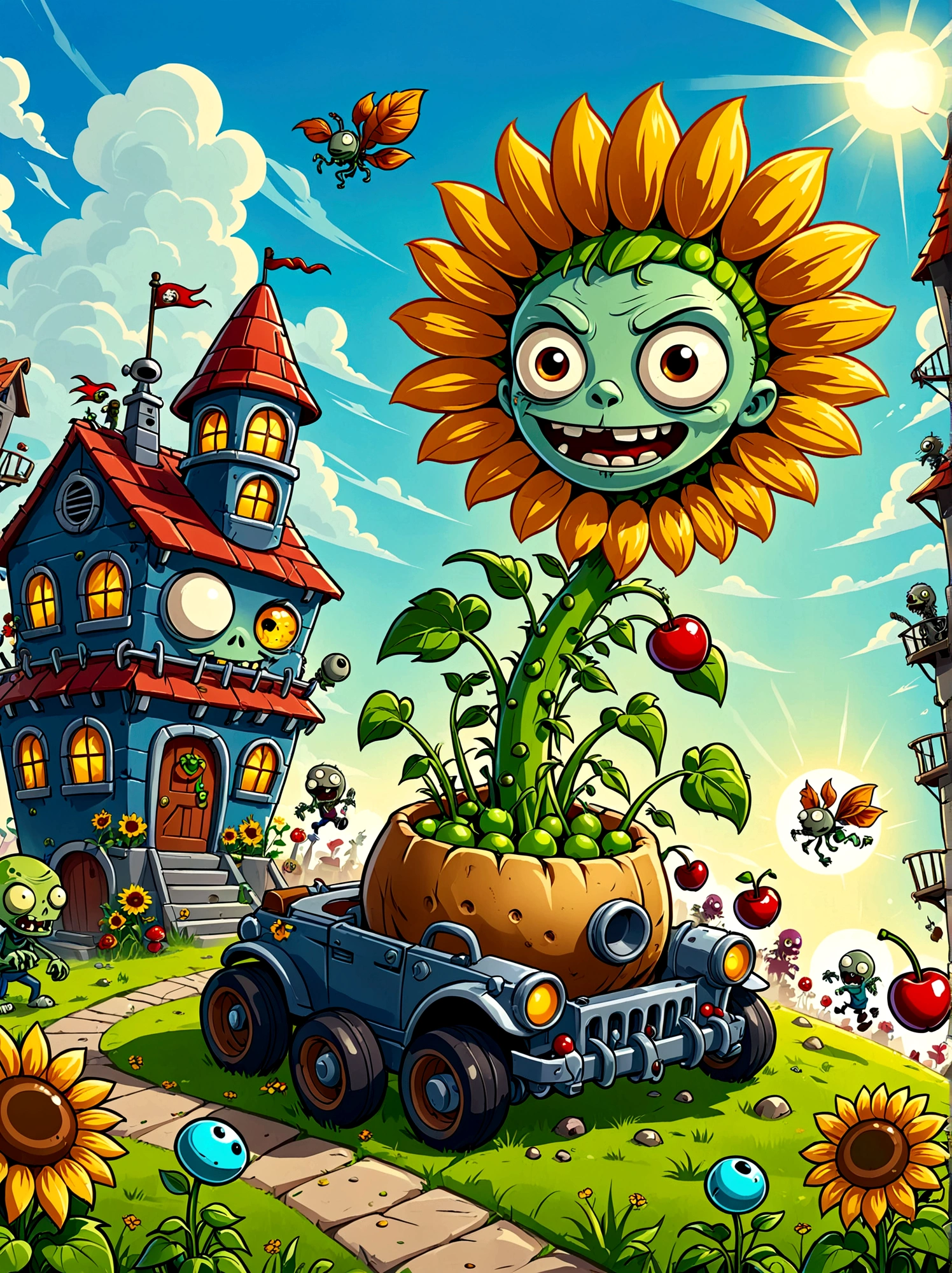 A screen shot showing a gaming video on the popular video-sharing platform,The game being played is a vivid fictional action-adventure game Plants vs. Zombies,背景是一个充满Various strange plants and zombies的详细幻想世界,Various strange plants and zombies,Pea shooter,Potato mines,sunflower,Cherry Bomb,Chomper,Gatling Peas,Flag zombies,Plants vs. Zombies game screen image,Strategy tower defense game,Colorful plants and zombies,Vivid colors,Bright and cheerful mood,Cartoon Style,Detailed background,Weird and quirky characters,Immersive game scene,Wide landscape perspective,Playful and whimsical design