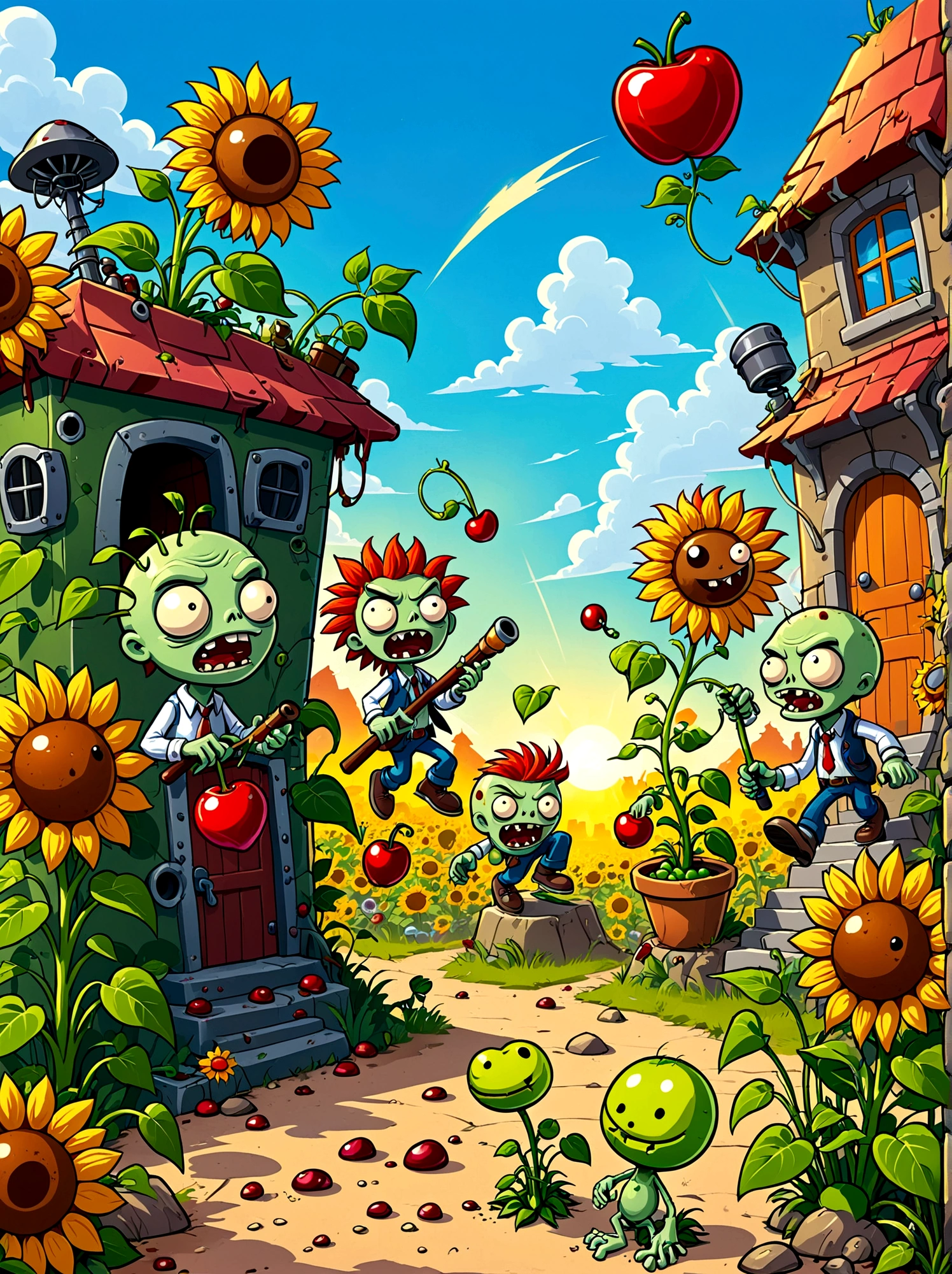 A screen shot showing a gaming video on the popular video-sharing platform,The game being played is a vivid fictional action-adventure game Plants vs. Zombies,背景是一个充满Various strange plants and zombies的详细幻想世界,Various strange plants and zombies,Pea shooter,Potato mines,sunflower,Cherry Bomb,Chomper,Gatling Peas,Flag zombies,Plants vs. Zombies game screen image,Strategy tower defense game,Colorful plants and zombies,Vivid colors,Bright and cheerful mood,Cartoon Style,Detailed background,Weird and quirky characters,Immersive game scene,Wide landscape perspective,Playful and whimsical design
