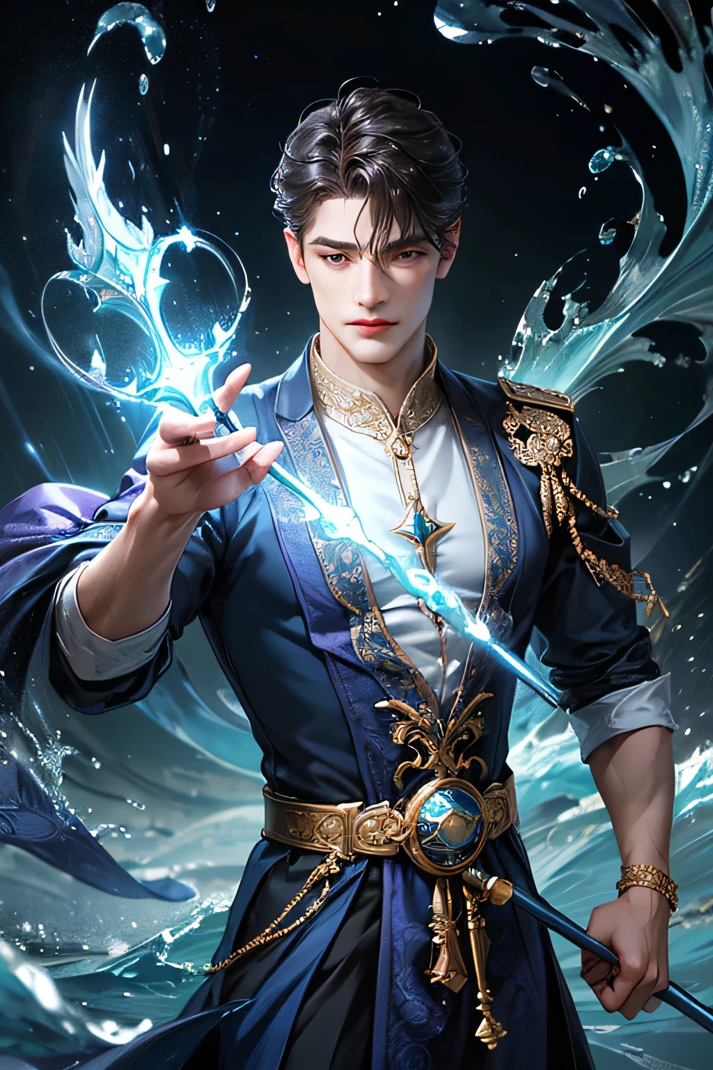 "Create an ultra-realistic image of a handsome, male fairy, around 43 years old. He should be holding a magical staff that emanates the energy of the water. Dress him in an elegant, varied violet outfit that reflects the brilliance and dynamism of the water. Surround him with elements like swirling clouds and flashes of lightning to showcase his connection to these elements. Include a distinct water symbol or design on his body, signifying his role as the keeper of the deep water, and highlighting the powerful celestial energy he embodies within him."