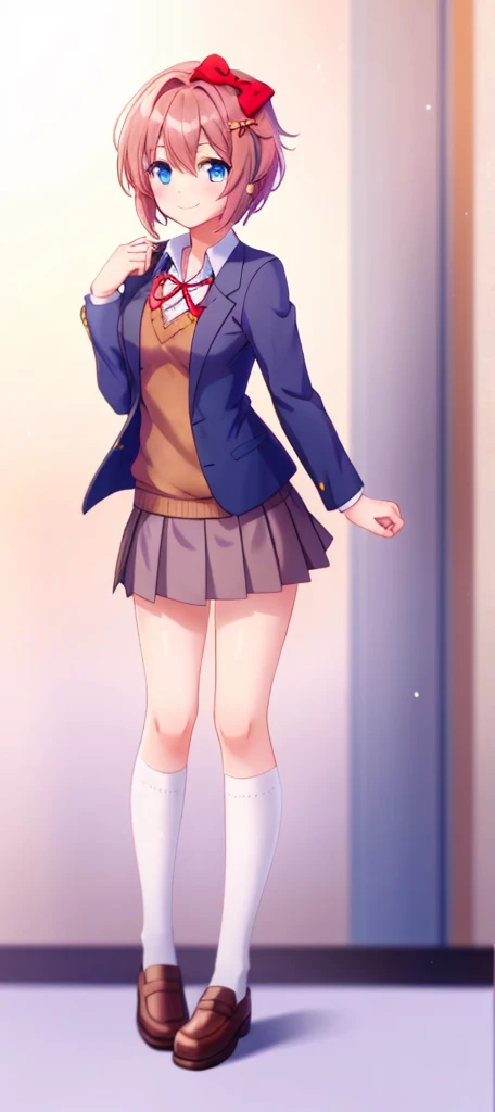 one girl, Sayori, DDLC, school blazer, hair bow, close to girl, too gentle, blue eyes, she is always smiling, full body, beautiful