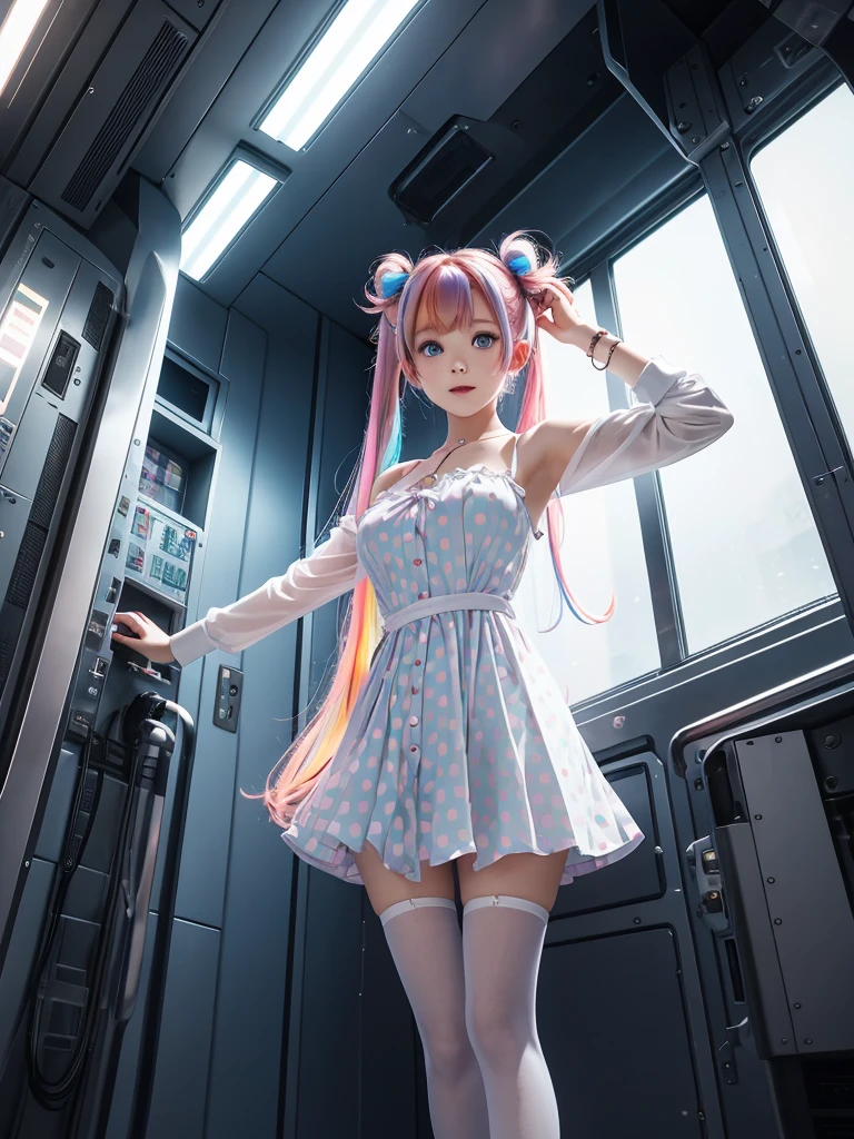 Cute redhead, gravure Idol, with rainbow colored hair tips, ribbons in her hair, 18-year-old woman, happy, in twin tails, perfect symmetrical eyes, clear sparkling blue eyes, pale skin, silky smooth skin, standing on a fancy luxurious space ship, large futuristic corridor, control panels, wood trim, decorative plants, warm lighting, wearing a futuristic dress, pleated (chemise) mini dress (pastel rainbow colors, and polka dots), wearing full body pantyhose, cute short cut booties.