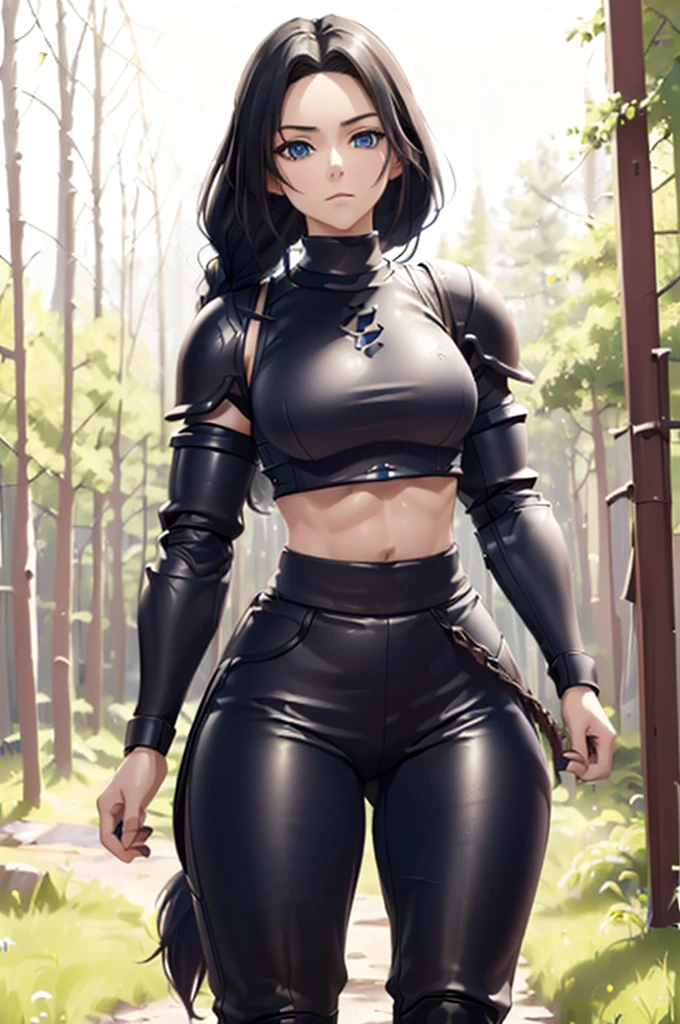 ((masterpiece)), (bestquality), ((ultra-detailed)), depth of field, (dynamic angle),detailed lighting, (beautiful detailed blue eyes), 1woman, ((voluminous long black hair styled into one single long braid down to her waist)), tomboy, (( at night: 1.4)),perfect Body, medium bust, adventuring, ((Forest, outside, wearing plate Armor and leather pants: 1.4))