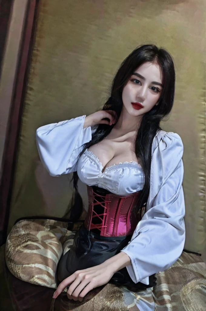 ((best quality)),absurdres,(ultra high res), a woman in a corset-style mini dress with statement sleeves, posing for picture, perfect female body, extremely detailed, (realistic), (8k), (Masterpiece), (realistic skin texture), 