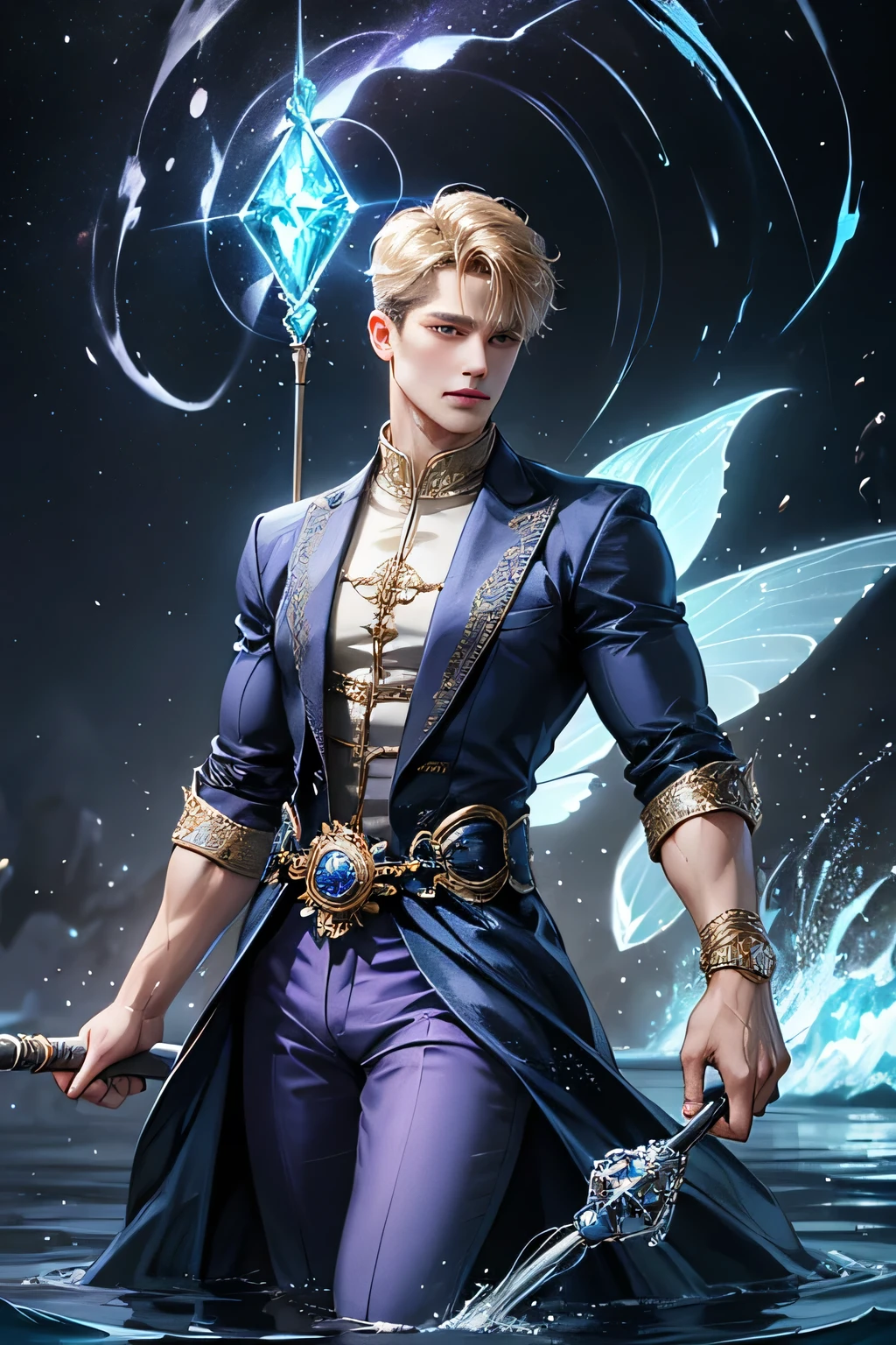 "Create an ultra-realistic image of a handsome, male fairy, around 43 years old. He should be holding a magical staff that emanates the energy of the water. Dress him in an elegant, varied violet outfit that reflects the brilliance and dynamism of the water. Surround him with elements like swirling clouds and flashes of lightning to showcase his connection to these elements. Include a distinct water symbol or design on his body, signifying his role as the keeper of the deep water, and highlighting the powerful celestial energy he embodies within him."