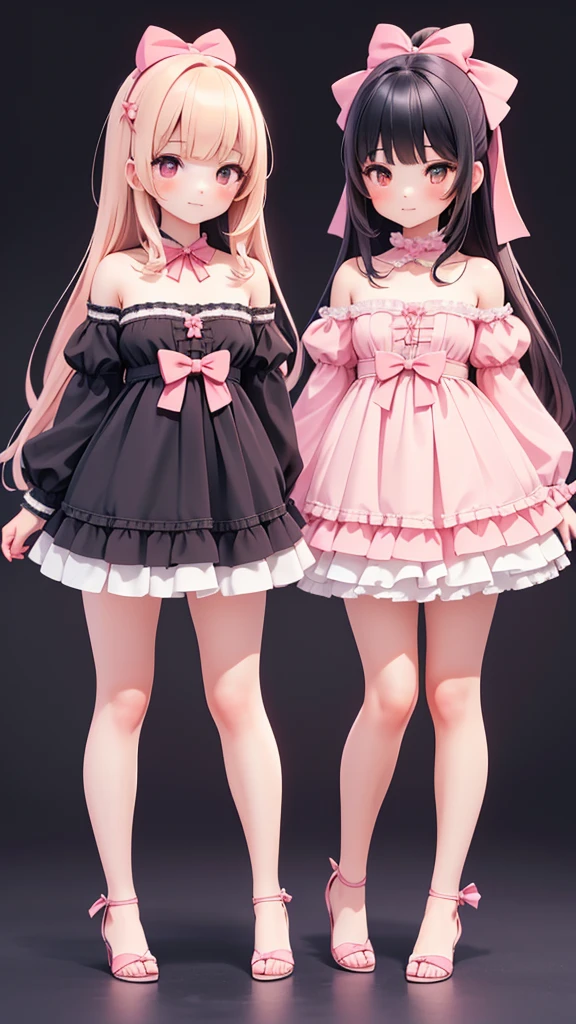 ((bishojo)), ((jk, 2 girls)), ((masterpiece)), (best quality), ((ultra detailed)), (exquisite), (depth), (crisp), (8k), (beautiful and aesthetic), (super detailed skin), ((high standard)), ((highres)), (perfect anatomy), ((full body)), (blush), (bare foot), (( wariza)), (lace strapless clothes), (blunt bangs), ((big bow in hair)), (yuri)