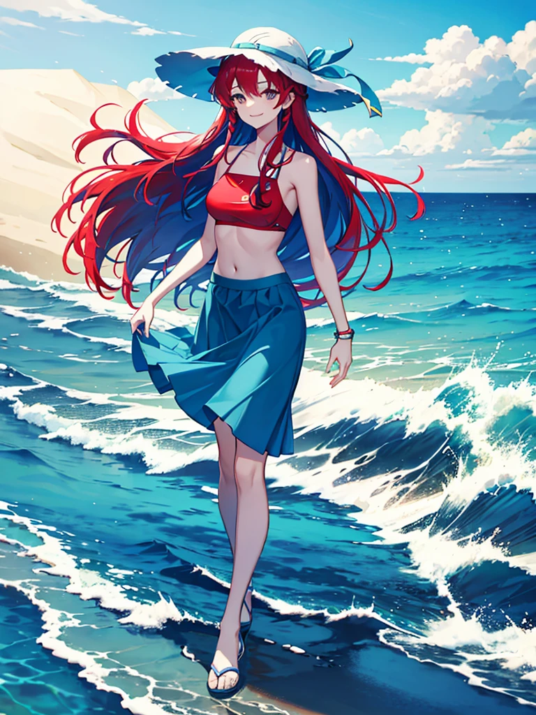 sea，blue gradation long skirt，blue bikini，super long braid，red hair，smile，windy，bucket Hat，short height