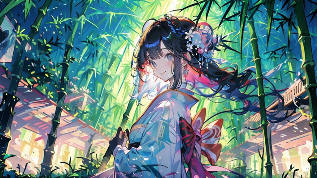 masterpiece、Rainbow Hair、Delicate eyes、smile、Delicate eyes、Hair tied up、Beautiful hair ornaments、kimono、(((bamboo forest)))、whole body