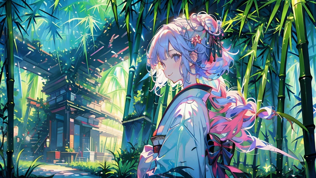 masterpiece、Rainbow Hair、Delicate eyes、smile、Delicate eyes、Hair tied up、Beautiful hair ornaments、kimono、(((bamboo forest)))、whole body