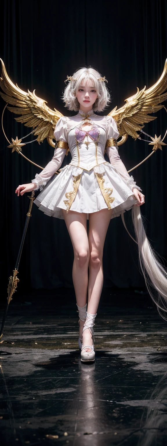 portrait, Long hair, White hair, Golden Eyes,  1 Girl, head, Face, Magical girl, absurdes, masterpiece, best quality, Magical girl costume, ((Mahou Shoujo)), short hair, desolate, ruins, Dynamic poses, Revelation, Spellcasting, Style - Glass, full-body shot