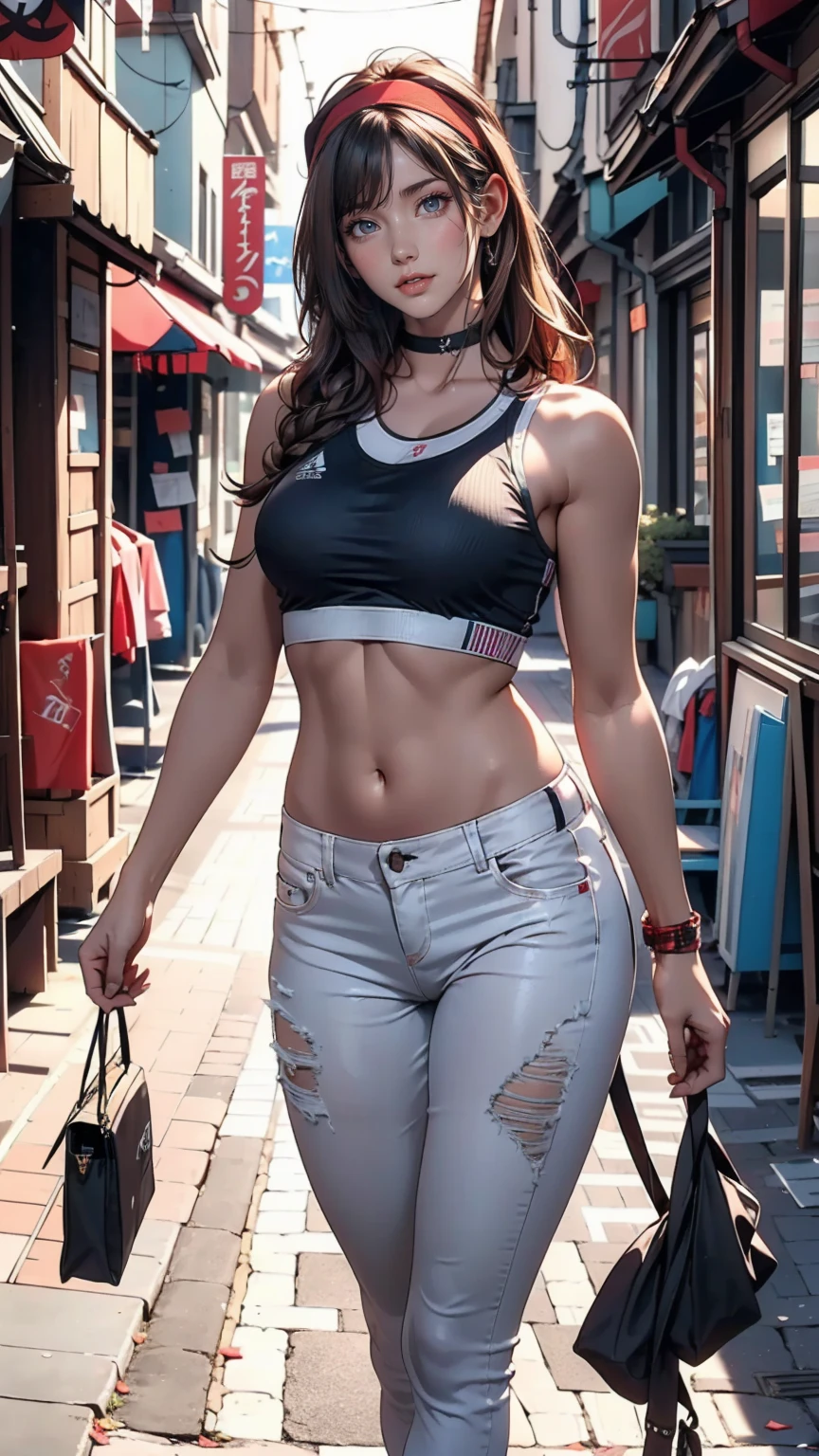 A 23-year-old Caucasian woman of unparalleled beauty.、blue eyes、Dark Blonde、My hair is wavy、Long Hair、Wearing a red headband、Her hair is curled upwards. She is standing in a rubbish-strewn alleyway between buildings..、Laughter、View from the front、She is wearing a black sports bra made by a sports manufacturer..、Wearing a black choker、 She is carrying a single-lens reflex camera on a diagonal strap across her shoulder and is wearing tight, distressed denim hot pants..、Belly button sticking out、Slim yet well-proportioned body、The sun shines from above、Photorealistic images、8K quality、Sexy proportions、Sexy、Narrow waist、Toned body