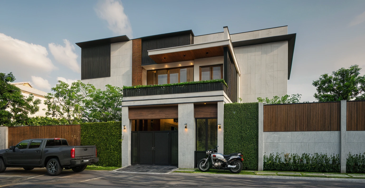 there is a motorbike parked outside a house with a fence, concept house, highly rendered!!, professional rendering, lumion rendering, realistic rendering, (overcast lighting:1.2), tropical tree, vivid color, streetcapes, nice sky, grey and wwhite tone, (large glass door:1.2), warm interior lighting, modern material, best quality, ultra realistic, masterpiece, 17ArchiAI_XL_VL-v1