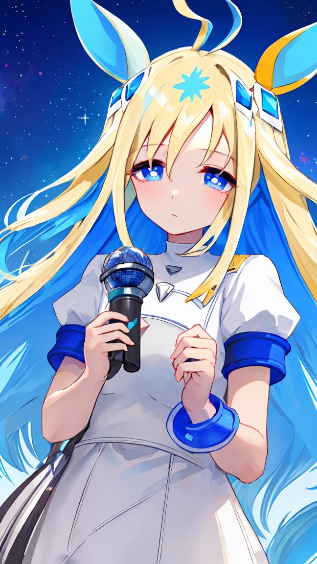 masterpiece, Highest quality, High resolution, Very detailed,(((Neo Universe wearing a white dress))), (((Holding a microphone))), stage