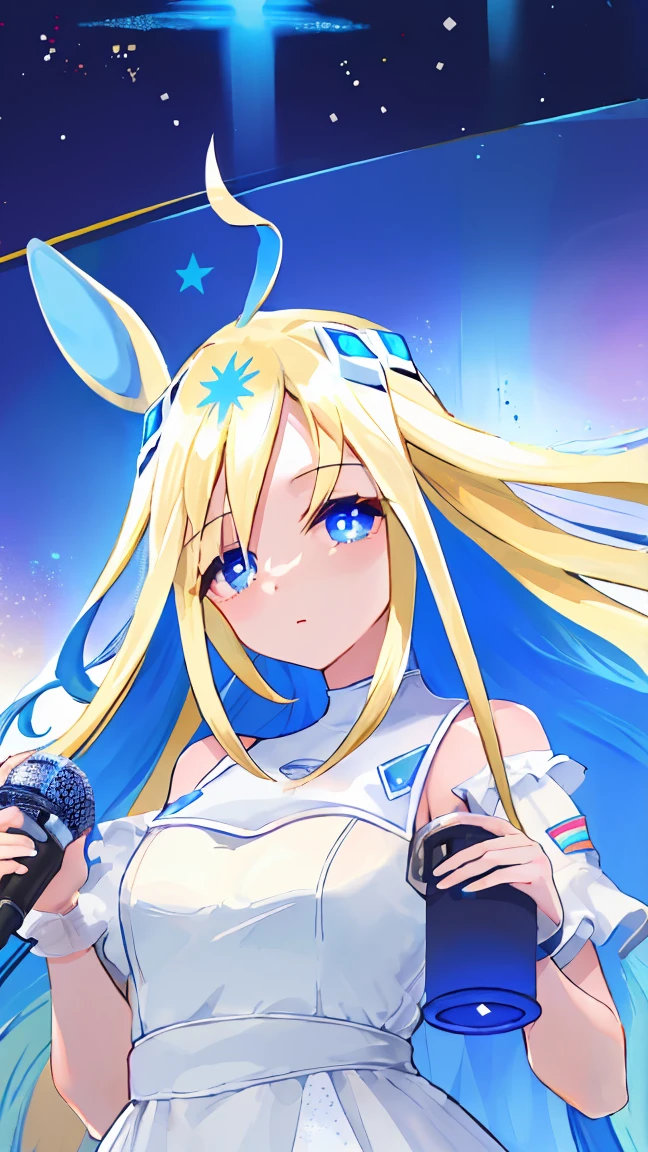 masterpiece, Highest quality, High resolution, Very detailed,(((Neo Universe wearing a white dress))), (((Holding a microphone))), stage