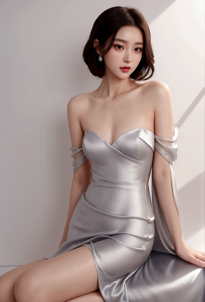 araffe woman in a silver dress posing for a picture, soft silk dress, silk dress, beautiful silky dress, wearing an elegant dress, translucent silky dress, elegant dress, beautiful soft silky dress, wearing short buttocks, satin, flowing dress, eora, jia, heonhwa choe, short buttocks dress, wearing silver dress, woman in dress, full length view, Sexy and charming woman, 7 0 mm portrait, 50mm portrait, high quality portrait photoshoot, photoshoot portrait, medium portrait soft light, posing in studio lighting, (with mysterious and sexy face,) short dark hair, white background image, elegant, ( high quality and realistic image), ((Best Quality, 8k, Masterpiece)