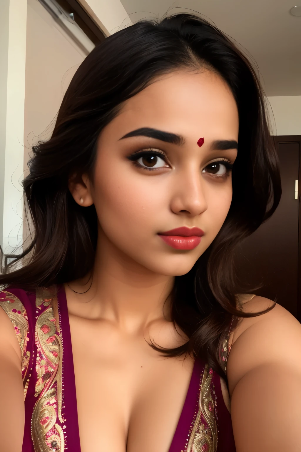 ((beautiful)+(attractive:0.9)+(sensual:0.8)) white indian women ((nerd:0.8)+(lovely)+(clean skin)) with hazel eyes and red lips. Medium brown hair, ((intense eyes))