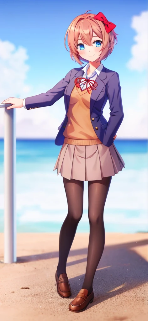 one girl, Sayori, DDLC, school blazer, hair bow, close to girl, too gentle, blue eyes, she is always smiling, full body, beautiful