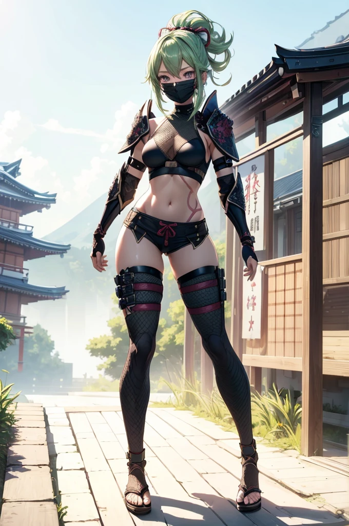 ((1girl, solo)), (((cowboy shot))), (legs apart:1.5), standing, beautiful body, (perfect anatomy, perfect body, perfect hands, perfect legs), natural proportions, sexy body, (large breasts:1.5), (full body, full-body shot, full body front:1.5) BREAK
((extremely detailed face)), (beautiful detailed eyes:1.6), (realistic pupils, realistic iris:1), expressive eyes, looking at viewer, (clear eyes:1.3), (hyperrealistic:1.2), (detailed skin texture:1.2), smooth skin, kuki shinobu, purple eyes, green hair, ((mouth mask)), perfect face, perfect eyes BREAK
ninja, (fishnet top:1.5), (crop top:1.5), cleavage, (detached sleeves:1.3), (shoulder armor:1.5), (arm guard:1.5), partially fingerless gloves, midriff, (short shorts:1.5), black shorts, ((black thighhighs)), (((greaves))), sandals, (revealing clothes:1.5), (japanese armor:1.5), (samurai armor), (highleg panty straps:1.4), tassel, thighs, ass visible through thighs BREAK
outdoor, day, japanese building, east asian architecture BREAK
(masterpiece:1.5), anime-style, top quality, best quality, (beautiful and aesthetic:1.2), (ultra detail:1.5), Ultra-detailed depiction, Ultra-precise depiction, extremely detailed 8k illustration, high resolution, (highly detailed shading:1.2), (realistic lighting:1.4), perfect lighting, vibrant colors, dynamic tones, striking hues, 8k, absurd resolution, perfect shadows, hdr, UHD, ambient lighting, realistic, ultra-realistic, photo realistic, highly detailed, rich detail, luminous colors, fine texture, intricate design, professional illustration, (soft light:1.2), (illustration:0.7)