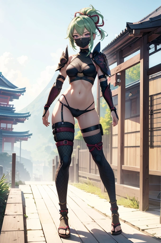 ((1girl, solo)), (((cowboy shot))), (legs apart:1.5), standing, beautiful body, (perfect anatomy, perfect body, perfect hands, perfect legs), natural proportions, sexy body, (large breasts:1.5), (full body, full-body shot, full body front:1.5) BREAK
((extremely detailed face)), (beautiful detailed eyes:1.6), (realistic pupils, realistic iris:1), expressive eyes, looking at viewer, (clear eyes:1.3), (hyperrealistic:1.2), (detailed skin texture:1.2), smooth skin, kuki shinobu, purple eyes, green hair, ((mouth mask)), perfect face, perfect eyes BREAK
ninja, (fishnet top:1.5), (crop top:1.5), cleavage, (detached sleeves:1.3), (shoulder armor:1.5), (arm guard:1.5), partially fingerless gloves, midriff, (short shorts:1.5), black shorts, ((black thighhighs)), (((greaves))), sandals, (revealing clothes:1.5), (japanese armor:1.5), (samurai armor), (highleg panty straps:1.4), tassel, thighs, ass visible through thighs BREAK
outdoor, day, japanese building, east asian architecture BREAK
(masterpiece:1.5), anime-style, top quality, best quality, (beautiful and aesthetic:1.2), (ultra detail:1.5), Ultra-detailed depiction, Ultra-precise depiction, extremely detailed 8k illustration, high resolution, (highly detailed shading:1.2), (realistic lighting:1.4), perfect lighting, vibrant colors, dynamic tones, striking hues, 8k, absurd resolution, perfect shadows, hdr, UHD, ambient lighting, realistic, ultra-realistic, photo realistic, highly detailed, rich detail, luminous colors, fine texture, intricate design, professional illustration, (soft light:1.2), (illustration:0.7)