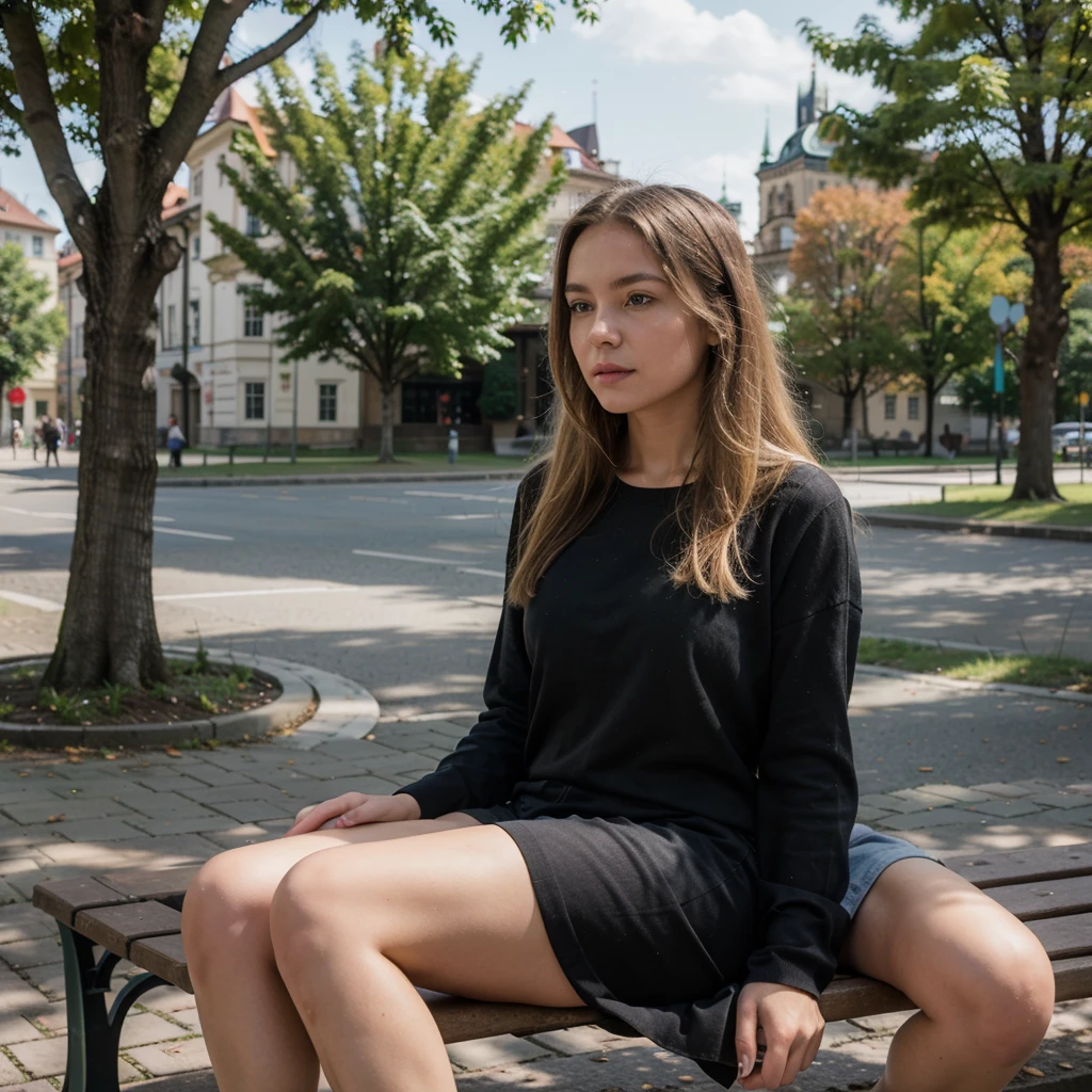 ((best quality)), ((masterpiece)), (detailed), one girl with long blond hair, sitting on bench in park and looking into distance, prague, summer