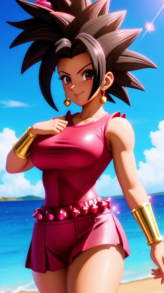 Kefla, 1girl, solo, red skirt, bike shorts, red shirt, A woman with dark hair and makeup wearing a pink dress with a puff sleeve and crystal embellishments, posing in a stylish and glamorous manner, black hair, smile, spiked hair, muscular female,, (acclaimed, alluring, captivating, exciting, gorgeous, striking:1.3), (trending on CGSociety, trending on pixiv, contest winner:1.3)