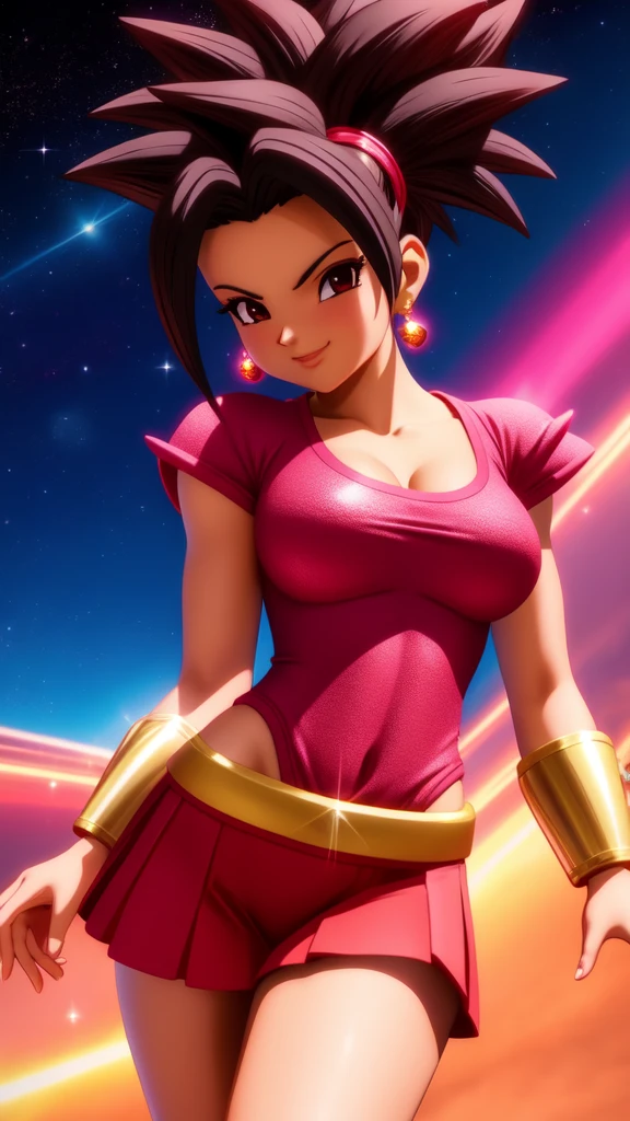 Kefla, 1girl, solo, red skirt, bike shorts, red shirt, A woman with dark hair and makeup wearing a pink dress with a puff sleeve and crystal embellishments, posing in a stylish and glamorous manner, black hair, smile, spiked hair, muscular female,, (acclaimed, alluring, captivating, exciting, gorgeous, striking:1.3), (trending on CGSociety, trending on pixiv, contest winner:1.3)