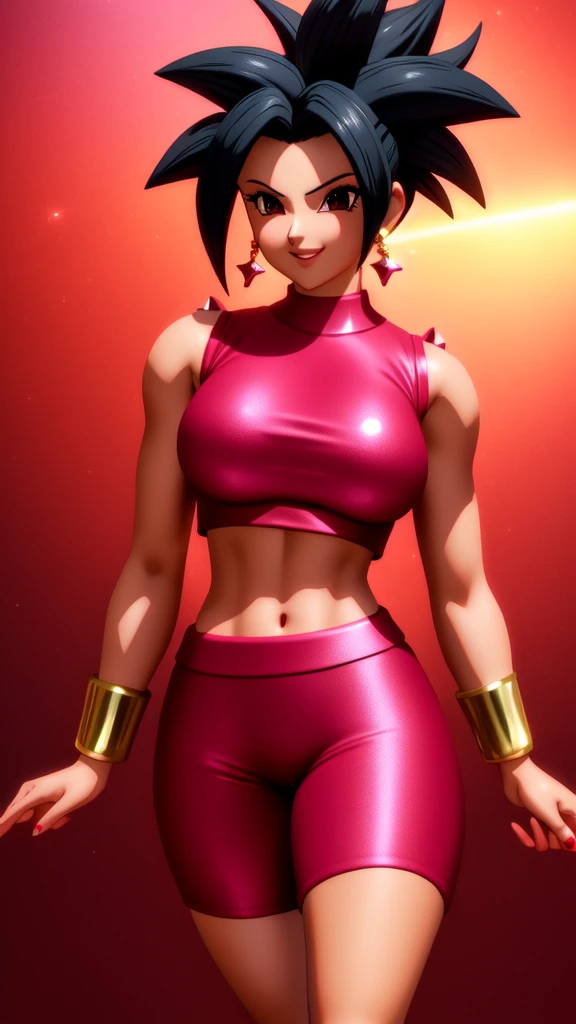 Kefla, 1girl, solo, red skirt, bike shorts, red shirt, A woman with dark hair and makeup wearing a pink dress with a puff sleeve and crystal embellishments, posing in a stylish and glamorous manner, black hair, smile, spiked hair, muscular female,, (acclaimed, alluring, captivating, exciting, gorgeous, striking:1.3), (trending on CGSociety, trending on pixiv, contest winner:1.3)