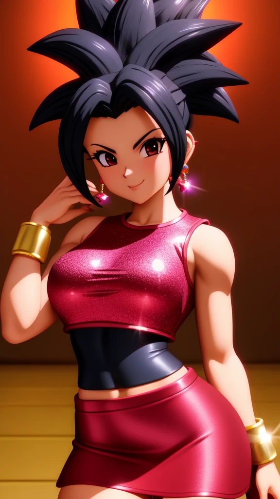 Kefla, 1girl, solo, red skirt, bike shorts, red shirt, A woman with dark hair and makeup wearing a pink dress with a puff sleeve and crystal embellishments, posing in a stylish and glamorous manner, black hair, smile, spiked hair, muscular female,, (acclaimed, alluring, captivating, exciting, gorgeous, striking:1.3), (trending on CGSociety, trending on pixiv, contest winner:1.3)