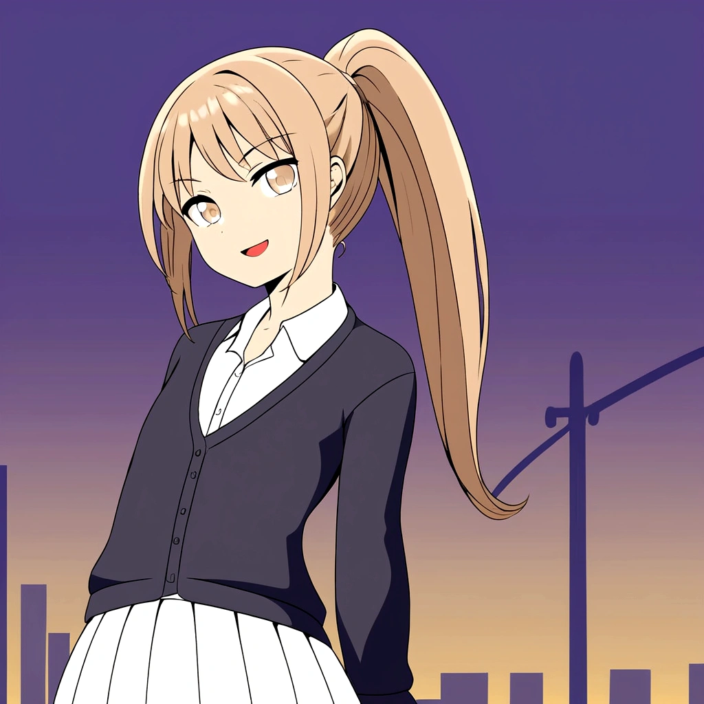 masterpiece , top quality , color , lineart , one girl , solo , 20 years old , flat chest , ponytail , light brown hair , black cardigan , white tshirts , long white skirt , smirk , stand up , open eyes , open mouth , simple backqround ,City at night