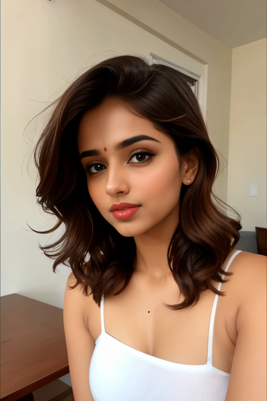 ((beautiful)+(attractive:0.9)+(sensual:0.8)) white indian women ((nerd:0.8)+(lovely)+(clean skin)) with hazel eyes and red lips. Medium brown hair, ((intense eyes))