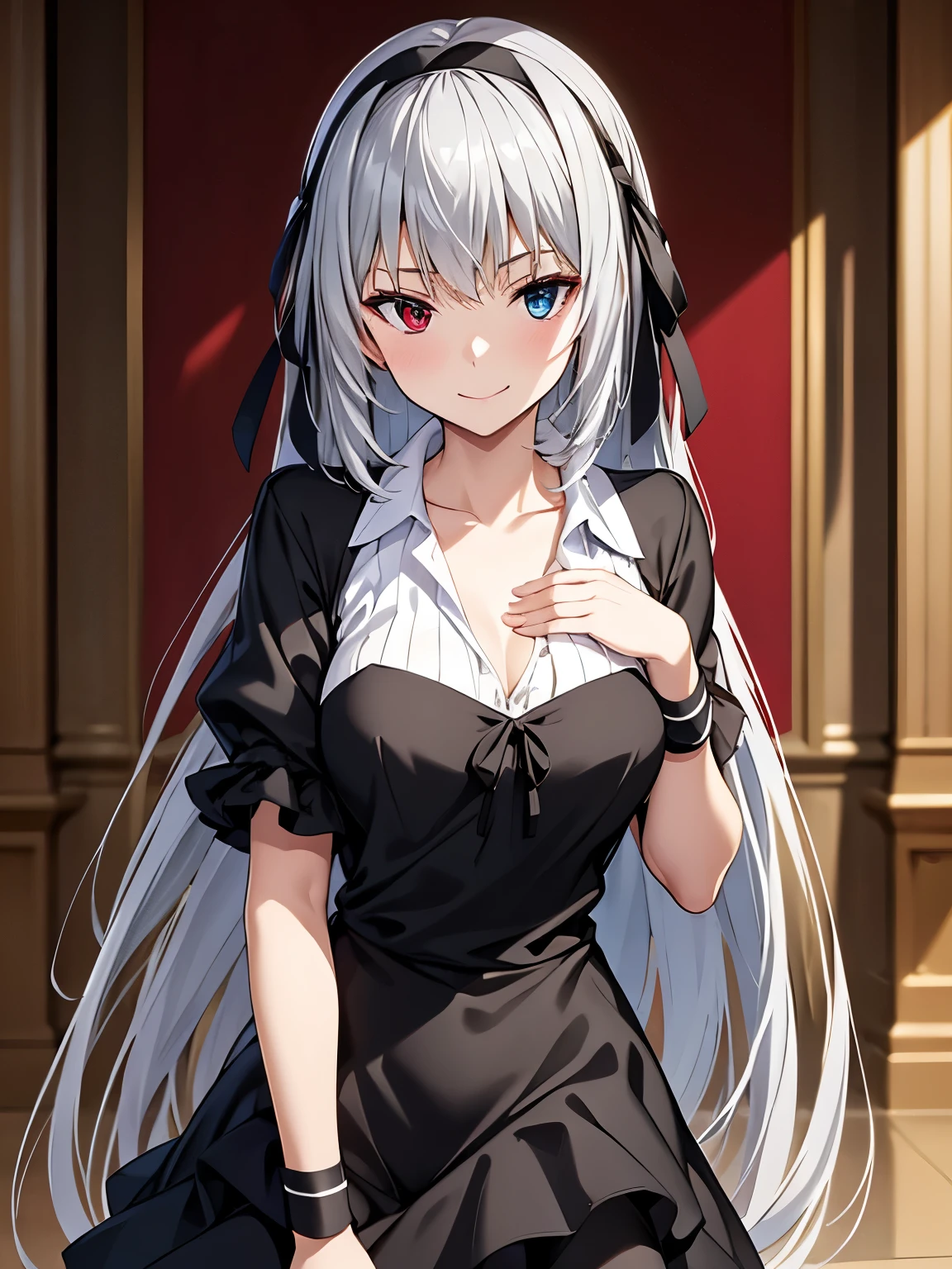 super high quality、indoor、(masterpiece)、Valentine、Standing、Closed Mouth、smile、Luminous Valentine、Silver Hair、Waist-length hair, (blue eyes:1.2), Heterochromia iridis, (Red eyes:1.3),Black Dress、Black ribbon、grassland、Black Dress、Hands on chest