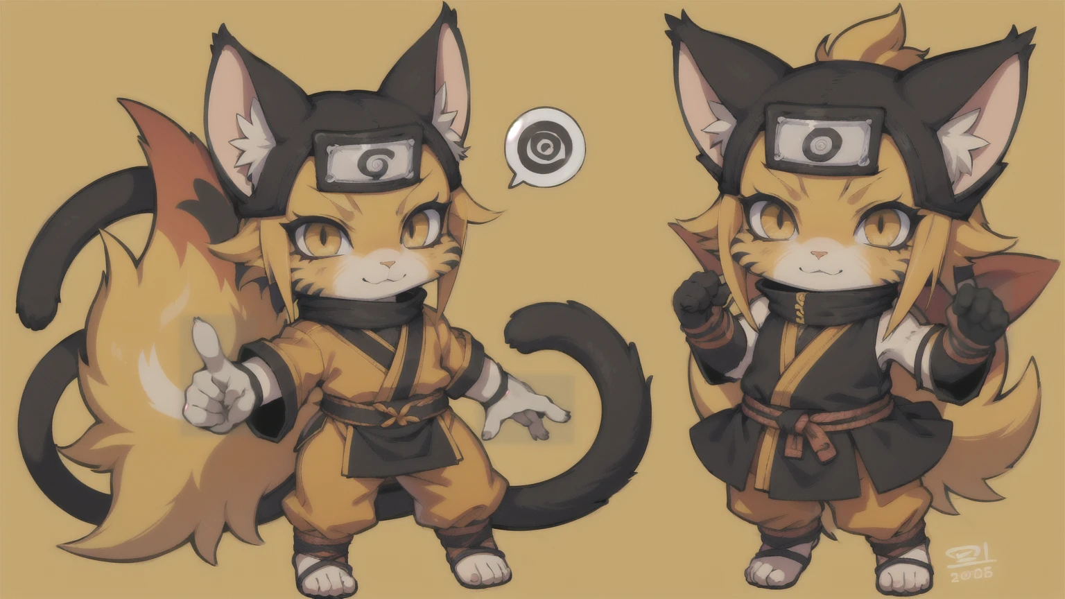 a cat warrior character, cat ears, furry, (full body:1.2) , chibi, advanced digital chibi art, g liulian art style, maplestory mouse, bian lian, chibi art, league of legends art style, character art of maple story, ((view at the viewer)), (((Naruto Uzumaki costume))), bright colorful