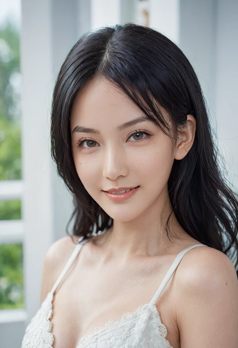 Medium format HD photo, (Stunning gorgeous eurasian female:1.3), Symmetrical composition, Striking features, Luminous skin, (Flowing black hair:1.2), Radiant smile, Captivating gaze, Elegant posture, (Soft natural light:1.3), Captured with a Phase One XF IQ3 100MP, 80mm f/2.8 lens, Clear details, Ethereal beauty, Timeless allure.