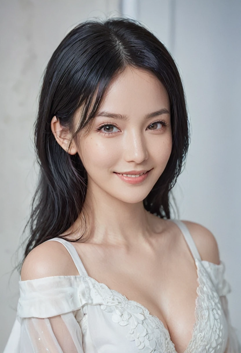 Medium format HD photo, (Stunning gorgeous eurasian female:1.3), Symmetrical composition, Striking features, Luminous skin, (Flowing black hair:1.2), Radiant smile, Captivating gaze, Elegant posture, (Soft natural light:1.3), Captured with a Phase One XF IQ3 100MP, 80mm f/2.8 lens, Clear details, Ethereal beauty, Timeless allure.